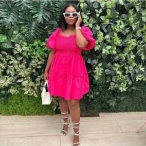 Avec Les Filles Puff Sleeve Poplin Tiered Dress Pink Size XS